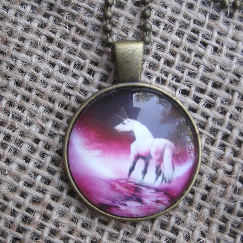 Unicorn Glass Cabochon Pendant Necklace 17$
